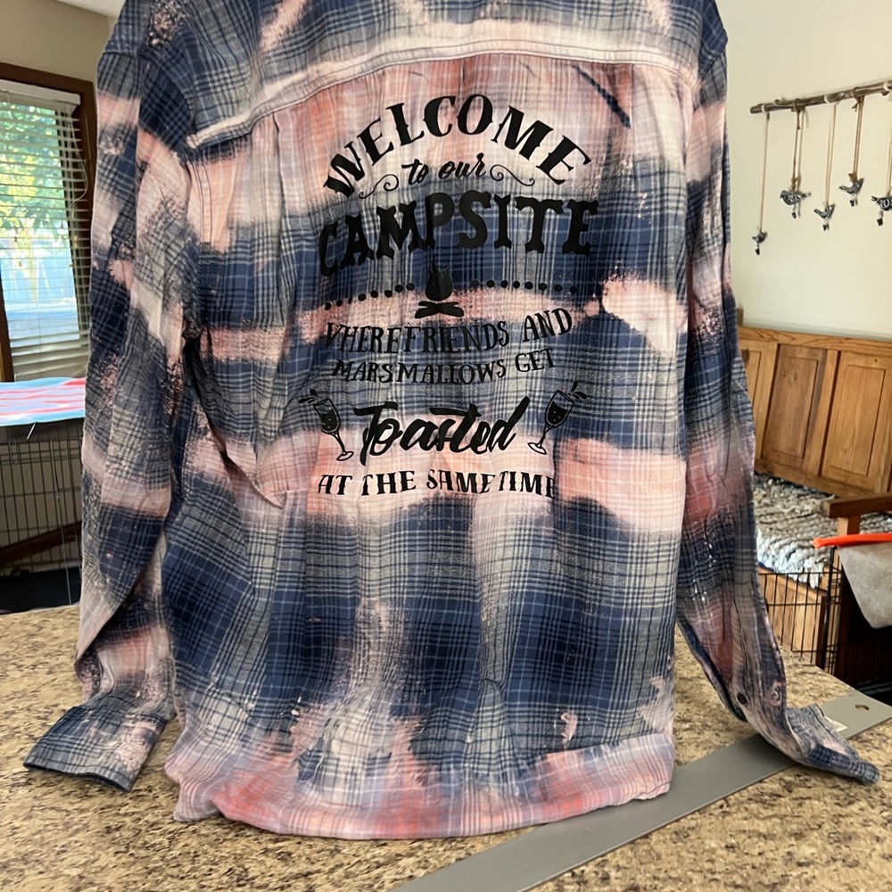 Welcome to Our Campsite Tie-Dye Plaid upcycled Long Sleeve Shirt - Blue & Pink
